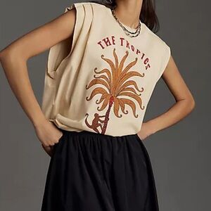FARM Rio Cream Tropics Tee with Palm Design - THE TROPICS PLEAT ORGANIC COTTON T